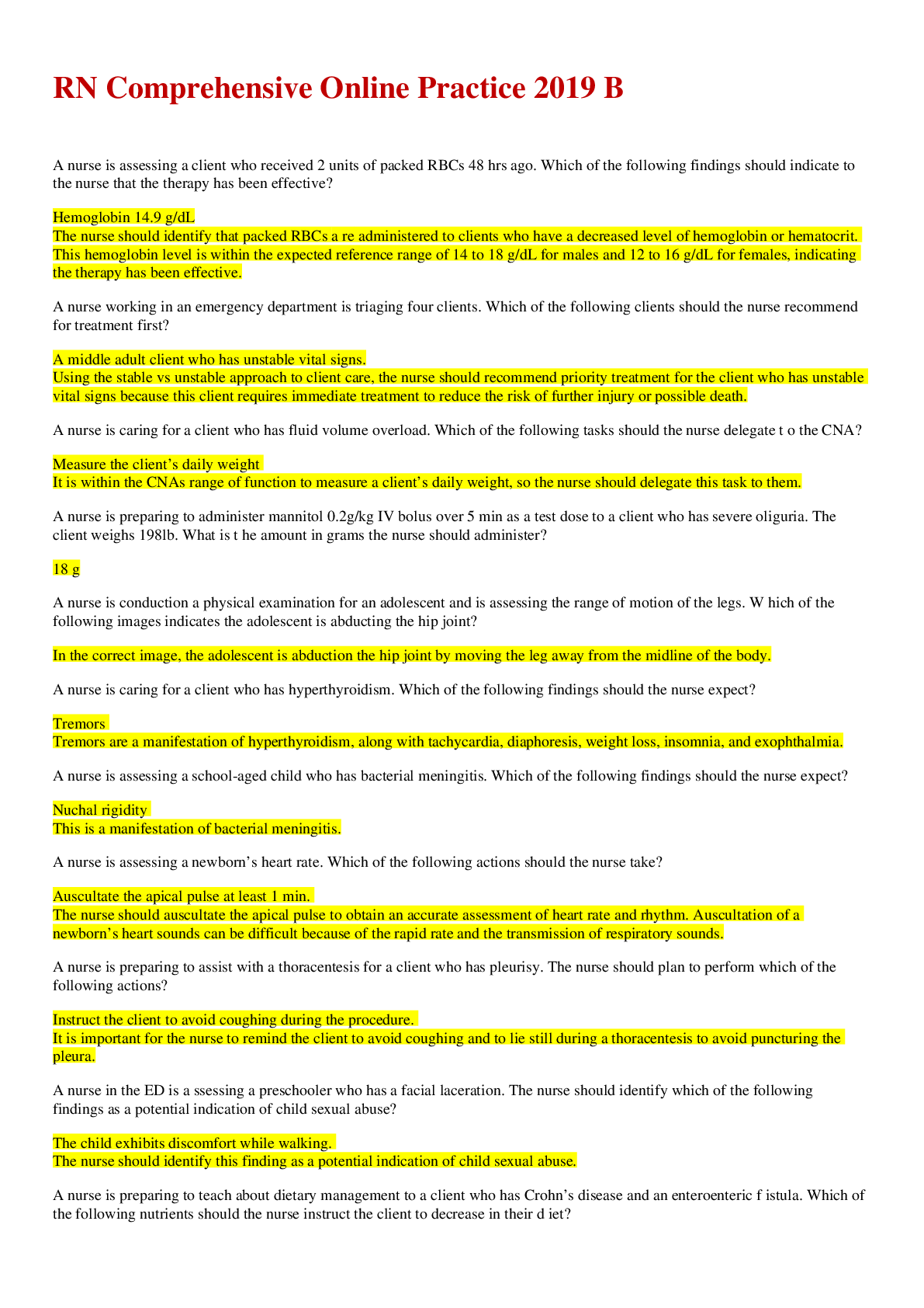 Preview image of RN ATI capstone proctored comprehensive assessment 2019 B document